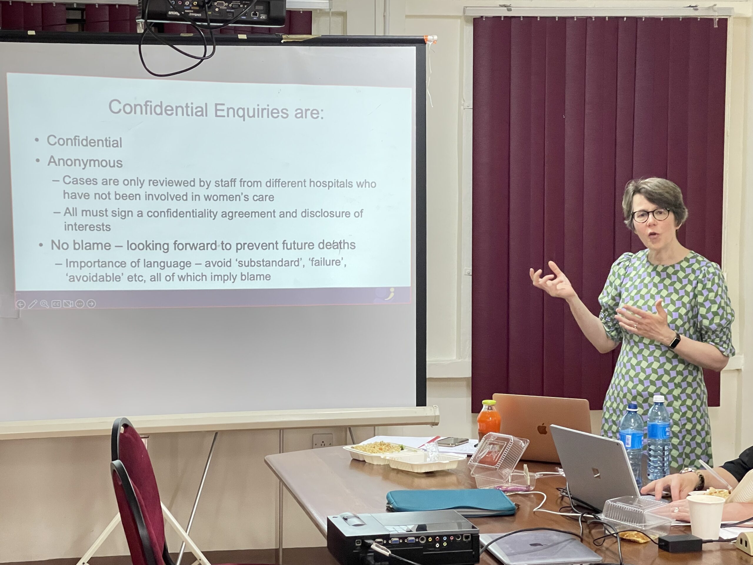 Marian Knight talking in front of a projector screen.