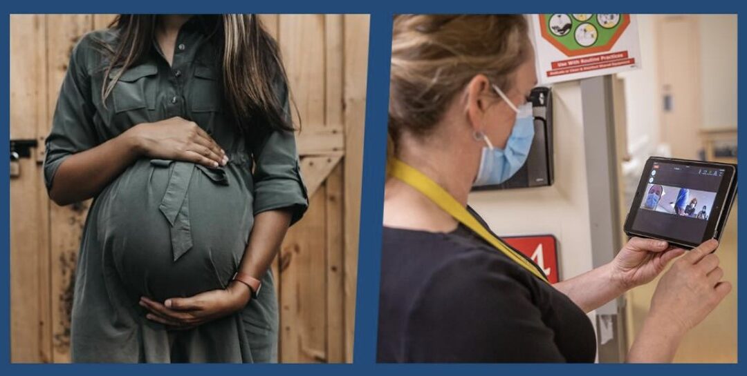 On the left side, a person in a green dress cradles their visibly pregnant belly against a wooden backdrop. On the right side, another individual holds a tablet displaying an image of hospital staff.